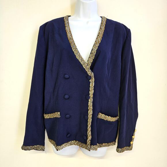 VTG Liz Elana Navy & Gold Blazer Size 14 Button Front Grandmacore Mature - Picture 1 of 12